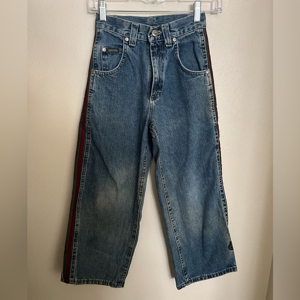 LEE Vintage Y2K Pipes Wide Leg Denim Jeans with Side Stripes Blue Red Boy's Sz S